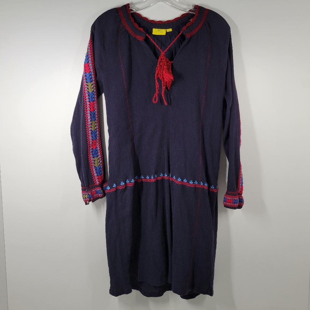 Roller Rabbit Navy Blue Embroidered Long Sleeve Dress Women Size Medium